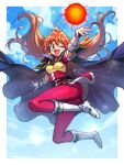  1girl absurdres armor ass bandeau black_headband boots border breasts brown_eyes cape casting_spell cloud commentary_request commission earrings fang fireball full_body gloves headband highres jewelry lina_inverse long_hair magic one_eye_closed open_mouth orange_hair outside_border pants pauldrons purple_cape red_pants shibayamamohu shoulder_armor skeb_commission sky slayers smile solo sphere_earrings white_boots white_border white_gloves yellow_bandeau 