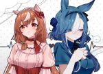  ... 2girls absurdres admire_groove_(umamusume) animal_ears black_ribbon blue_eyes blue_hair blue_shirt blush bow breasts brown_hair choker closed_mouth commentary corset dress ear_bow ear_covers frilled_hairband frills hair_between_eyes hair_ornament hairband heterochromia highres horse_ears horse_girl long_hair medium_breasts mole mole_under_mouth multicolored_hair multiple_girls neck_ribbon official_alternate_costume purple_eyes red_bow red_choker red_corset red_eyes ribbon shirt short_hair_with_long_locks short_sleeves small_breasts spoken_ellipsis still_in_love_(umamusume) streaked_hair tree_est umamusume untranslatable_commentary upper_body white_dress white_hair white_streaks 