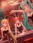  3girls ahoge akita_neru alcohol animal_ear_hairband animal_ears antenna_hair aqua_bow aqua_bowtie aqua_eyes aqua_hair bar_(place) bare_shoulders black_leotard black_thighhighs blonde_hair bottle bow bowtie breasts brick_wall bunny_day commentary covered_navel detached_collar drill_hair fake_animal_ears glass hair_ornament hairband hatsune_miku highleg highleg_leotard highres kasane_teto kei_asuka07 leotard long_hair looking_at_viewer low_neckline multiple_girls nontraditional_playboy_bunny one_eye_closed open_mouth pantyhose playboy_bunny rabbit_ear_hairband rabbit_ears red_bow red_bowtie red_eyes red_hair ribbon shrug_(clothing) side_ponytail smile stool strapless strapless_leotard thighhighs triple_baka_(group) twin_drills twintails utau very_long_hair vocaloid white_shrug wrist_cuffs x_hair_ornament yellow_bow yellow_bowtie yellow_eyes 