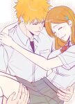  1boy 1girl arm_around_shoulder bleach blonde_hair bow bowtie carrying closed_eyes commentary_request couple feet_out_of_frame grey_skirt hair_ornament hairclip hetero highres inoue_orihime karakura_high_school_uniform korean_commentary kurosaki_ichigo light_blush long_hair looking_at_another n_(nauki_11) orange_hair parted_lips pleated_skirt princess_carry red_bow red_bowtie school_uniform shirt short_hair short_sleeves skirt smile snowflake_hair_ornament spiked_hair upper_body white_shirt wing_collar 