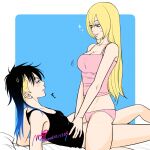  2girls adoptive_siblings anger_vein black_hair black_tank_top blonde_hair blue_eyes blue_hair boruko boruto:_naruto_next_generations boruto_(series) breasts camisole cleavage commentary_request dated earrings eyebrow_piercing face_piercing fully_genderswapped_group genderswap genderswap_(mtf) genderswap_on_genderswap girl_on_top gradient_hair inseki jewelry kawaki_(boruto) large_breasts lips long_hair makio1313 multicolored_hair multiple_girls naruto_(series) panties piercing pink_camisole pink_lips pink_panties siblings signature sisters small_breasts smile stud_earrings tank_top thick_lips undercut underwear yuri 