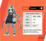 1girl artist_name asymmetrical_legwear blue_eyes blue_pantyhose cable character_name character_profile commentary deviantart_logo deviantart_username engineer english_commentary english_text full_body grey_hair height heterochromia long_hair low_twintails magnemite mismatched_legwear object_through_head orange_background overalls pantyhose personification pokedex_number pokemon pokemon_sword_and_shield red_eyes red_pantyhose screw_in_head shoes sleeves_past_wrists sneakers standing taruyamame twintails venus_symbol watermark weight 