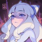  1girl animification blank_stare blunt_bangs coat commentary cone_hair_bun double_bun dress english_commentary hair_bun hair_horns inkrelic knights_of_guinevere long_hair looking_at_viewer olivia_park purple_coat purple_eyes white_hair 