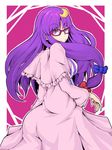  ass bespectacled breasts crescent crescent_hair_ornament dress glasses hair_ornament hair_ribbon ishimu large_breasts long_hair looking_back patchouli_knowledge purple_eyes purple_hair ribbon solo touhou 