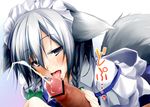  animal_ears bar_censor bukkake censored cum dd_mayohara dog_ears ejaculation facial fellatio grey_eyes izayoi_sakuya maid oral penis silver_hair tail tongue tongue_out touhou 