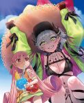  2girls bad_link bare_shoulders baseball_cap bikini black_bikini black_hands black_hat blue_sky blush body_markings breasts chaldea_nankai_dai_kessen choker cleavage colored_extremities crossed_bangs cup demon_girl demon_horns dress dress_swimsuit drinking_glass fate/grand_order fate_(series) floral_print green_eyes green_jacket grey_hair grin habetrot_(fate) habetrot_(swimsuit_pretender)_(fate) hair_between_eyes hat height_difference high_ponytail hirai_yukio holding holding_cup horns inflatable_armbands jacket lilith_(fate) lilith_(swimsuit_rider)_(fate) lilith_(swimsuit_rider)_(first_ascension)_(fate) long_hair long_sleeves looking_at_another medium_breasts multicolored_jacket multiple_girls navel nipi27 off_shoulder orange_dress pink_hair pink_jacket pointy_ears ponytail red_eyes sidelocks size_difference sky smile source_request stomach_tattoo straw_hat swimsuit tattoo thigh_strap two-tone_jacket zipper_bikini zipper_pull_tab 