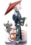  1girl absurdres akira_(blue_archive) alternate_costume alternate_hairstyle animal_ear_fluff animal_ears blue_archive blue_sash cat_ears cat_girl cat_tail closed_mouth commentary_request floral_print floral_print_kimono from_behind green_kimono hair_bun halo highres holding holding_umbrella japanese_clothes kimono obi pink_eyes pink_hair pink_halo print_kimono red_umbrella sandals sash short_hair smile solo tabi tail takinohamira umbrella 
