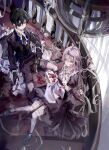  1boy 1girl absurdres apron aristocratic_clothes ascot baluster bandaged_leg bandages banister bishounen black_dress black_gloves black_hair black_headband black_jacket black_ribbon black_shoes black_shorts blood blood_on_clothes blood_on_food blue_eyes blush breasts buttons cake cake_slice ciel_phantomhive closed_mouth collared_dress commentary commission contrast_lapels double-breasted double-parted_bangs dress eyepatch flower food fork frilled_shirt_collar frills from_above full_body gloves headband high_collar highres holding holding_bandages holding_cake holding_food holding_fork jacket jitome kuroshitsuji lace_headband lapels light_frown long_dress long_hair looking_at_viewer looking_up maid maid_apron neck_ribbon notched_lapels oc_x_canon original pink_eyes pink_hair plate puffy_short_sleeves puffy_sleeves raised_inner_eyebrows ribbon rose sanpaku second-party_source sesmkun shirt shoes short_hair short_sleeves shorts single_hair_intake sitting sitting_on_stairs small_breasts spiral_staircase spread_legs stairs waist_apron white_apron white_ascot white_flower white_rose white_shirt 