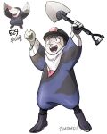  1boy absurdres artist_name bandaid bandaid_on_face bandaid_on_nose black_hair drilbur gloves helmet highres holding holding_shovel male_focus official_art_inset personification pokemon pokemon_(creature) reference_inset shoes short_hair shovel simple_background smile solo tamtamdi white_gloves 