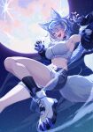  1girl :d animal_ears aqua_eyes armpits black_nails blush breasts claw_pose cross-shaped_pupils elira_pendora elira_pendora_(6th_costume) fingernails full_moon fur-trimmed_jacket fur-trimmed_shorts fur_trim grey_hair hair_intakes half-jacket heterochromia highres jacket large_breasts long_fingernails midair midriff moon navel night nijisanji nijisanji_en official_alternate_costume open_fly purple_eyes senmi_(vvv_1864) short_hair shorts sideboob sky smile solo star_(sky) starry_sky symbol-shaped_pupils tail tongue tongue_out virtual_youtuber wolf_ears wolf_tail 