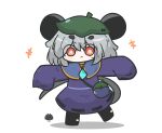  +++ 1girl :3 animal_ears black_boots boots chibi closed_mouth commentary_request dress full_body green_hat grey_hair hair_between_eyes hat highres long_sleeves mouse_ears mouse_girl mouse_tail nazrin outstretched_arms purple_dress red_eyes sea_urchin shadow short_eyebrows sleeves_past_fingers sleeves_past_wrists solo spread_arms standing standing_on_one_leg tail thick_eyebrows touhou uni_souchou white_background 