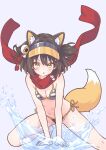  1girl absurdres animal_ear_fluff animal_ears bikini blue_archive blush breasts brown_hair cleavage commentary foot_out_of_frame fox_ears fox_girl fox_tail full_body grey_background highres izuna_(blue_archive) izuna_(swimsuit)_(blue_archive) kneeling looking_at_viewer medium_breasts mo_mo_mo79 navel official_alternate_costume open_mouth red_scarf scarf simple_background solo splashing stomach swimsuit tail untranslatable_commentary visor_cap water yellow_eyes 