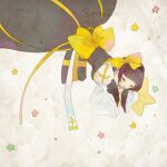  1girl arch_bishop_(ragnarok_online) back_bow black_dress bow brown_hair closed_eyes commentary_request cross dormir_(challco) dress grey_background hair_bow juliet_sleeves long_sleeves open_mouth puffy_sleeves ragnarok_online short_hair smile solo star_(symbol) two-tone_dress upside-down white_dress yellow_bow 