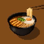  aburaage bowl brown_background chopsticks commentary_request curry_udon food food_focus fried_egg hisachan55cute holding holding_chopsticks holding_with_chopsticks noodles original pixel_art shadow simple_background udon vegetable 