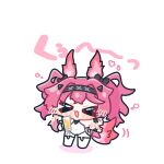  >_< 1girl animal_ears black_hairband blush chibi chibi_only closed_eyes commentary_request cup drink drunk hairband highres holding holding_cup juice long_hair lupa_(wuthering_waves) open_mouth orange_juice pink_hair simple_background solo syurikenmaru tail thighhighs translation_request twintails waving white_background white_thighhighs wuthering_waves 