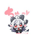  1girl :o ahoge black_gloves black_horns black_pants chibi chibi_only collared_shirt commentary_request curled_horns demon_tail gloves hair_between_eyes heart highres horns jacket jacket_on_shoulders long_hair looking_at_viewer medium_hair necktie pants reaching reaching_towards_viewer red_eyes red_necktie shirt simple_background solo standing syurikenmaru tail tight_clothes tight_pants translation_request white_background white_hair white_shirt wuthering_waves zani_(wuthering_waves) 