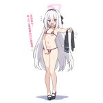  1girl bare_arms bare_legs bare_shoulders bikini black_shoes black_thighhighs blue_archive blush breasts flying_sweatdrops groin hair_between_eyes halo hatsunatsu holding_unworn_thighhighs kei_(blue_archive) kei_(student)_(blue_archive) long_hair micro_bikini navel open_mouth pink_bikini red_eyes ringed_eyes shadow shoes simple_background small_breasts small_sweatdrop solo standing sweat swimsuit thighhighs translation_request unworn_thighhighs very_long_hair wavy_mouth white_background white_hair 