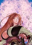  1girl amputee baiken breasts cherry_blossoms commentary_request guilty_gear highres jako_(toyprn) japanese_clothes kataginu katana kimono large_breasts multicolored_kimono obi one-eyed open_clothes open_kimono pink_eyes pink_hair samurai sash scar scar_across_eye scar_on_face sky solo sword tree weapon 