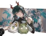  1girl 1other absurdres arknights arknights:_endfield bodypaint breasts commentary_request dragon_girl dragon_horns eastern_dragon_horns endministrator_(arknights) green_eyes green_hair hands_on_own_chest highres horns large_breasts long_hair looking_at_viewer pointy_ears poking_another's_breast pov pov_hands smile solo_focus upper_body wdexxp zhuang_fangyi_(arknights) 