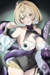  1girl absurdres bare_shoulders black_hat blonde_hair blush breasts chinese_commentary collarbone commentary_request cowboy_shot detached_sleeves garter_straps hand_up hat high-waist_shorts highres large_breasts looking_at_viewer misaki150280 mole mole_under_mouth multicolored_hair purple_eyes shirt short_hair shorts single_garter_strap smile solo tentacle_between_breasts tentacle_girl tentacle_tail tentacles white_shirt yidhari_murphy zenless_zone_zero 