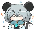  >_< +++ 1girl :3 animal_ears black_dress blue_capelet blue_shirt blush capelet chibi closed_eyes closed_mouth commentary_request dress facing_viewer hair_between_eyes highres long_sleeves mouse_ears mouse_girl mouse_tail nazrin sea_urchin shirt short_eyebrows simple_background solo sparkle tail thick_eyebrows touhou uni_souchou upper_body white_background 