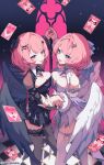  2girls black_dress black_thighhighs black_wings breasts card checkered_floor cleavage commentary_request dancing dress dual_persona highres holding_hands medium_breasts medium_hair miri_(cherryjelly) multiple_girls open_mouth pink_hair purple_eyes remielle_dan remielle_dan_(moonlight_whispers) tarot tarot_card thighhighs thighs tongue tongue_out twitter_username white_dress white_thighhighs white_wings wings zenless_zone_zero 