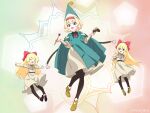  3girls :d ^_^ alice_margatroid alternate_costume aqua_cloak aqua_hat black_leggings blonde_hair blue_eyes blush bnelsey bow cloak closed_eyes commentary dress english_commentary full_body gradient_background green_background hair_bow hairband hat hat_tassel holding holding_pen leggings long_hair long_sleeves looking_at_viewer multiple_girls nib_pen_(object) open_mouth outstretched_arms paid_reward_available pen qifrey's_atelier_apprentice_uniform red_background red_bow red_hairband shanghai_doll shoes short_hair smile spread_arms tongari_boushi_no_atelier touhou twitter_username wizard_hat yellow_dress yellow_shoes 