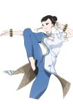  1girl absurdres arm_up black_eyes black_hair black_shoes blue_pantyhose bracelet breasts chinese_clothes chun-li cleavage_cutout closed_mouth clothing_cutout commentary cowboy_shot cropped_legs dress earrings eyeliner fighting_stance floating_clothes footwear_request gold_ribbon gold_trim hair_bun hair_ribbon highres jewelry knee_up leg_up lipstick looking_ahead makeup medium_breasts no_socks outstretched_arm pantyhose print_dress qipao red_eyeliner ribbon shoes short_sleeves simple_background smile solo sphere_earrings split standing standing_on_one_leg standing_split street_fighter two-tone_dress white_background xian_(wtwn4224) 