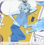  1boy animal arm_behind_head black_eyes blue_theme expressionless foot_out_of_frame full_body hand_on_own_head hand_on_own_hip highres indoors joshimi looking_at_viewer loose_clothes loose_shirt lying male_focus midriff_peek on_ground on_side original outstretched_arms pants screenshot shiba_inu shirt short_hair solo sweatpants turning_head 
