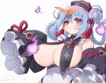  1girl aqua_hair aqua_pupils astral_party bare_shoulders braid braided_hair_rings breast_curtains breasts chami_lu cleavage commentary cross-shaped_pupils detached_sleeves double_bun english_commentary fire frilled_sleeves frills from_below haiqing_(astral_party) hair_bun hair_ornament hair_rings hat highres huge_breasts jiangshi large_breasts looking_at_viewer ofuda ofuda_on_head oppai_loli pink_eyes purple_fire qingdai_guanmao sideboob sidelocks simple_background sleeves_past_fingers sleeves_past_wrists solo symbol-shaped_pupils tassel tassel_hair_ornament white_background 