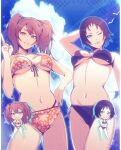  2girls animal_ears beach bikini black_bikini black_hair blue_eyes breasts brown_eyes brown_hair chibi chibi_inset cloud cloudy_sky corner50777313 floral_print floral_print_bikini highres kujikawa_rise looking_at_viewer marie_(persona_4) medium_breasts medium_hair multiple_girls navel ocean one_eye_closed orange_bikini persona persona_4 persona_4_the_golden pillarboxed print_bikini sand short_hair side-tie_bikini_bottom sky swimsuit underboob 