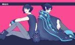  2boys animal arm_on_knee back-to-back black_dog black_shirt brown_eyes character_name closed_mouth commentary_request dog dramatical_murder earrings feet_out_of_frame from_side full_body grey_pants highres jewelry knee_up kuwa_ayase looking_at_viewer looking_to_the_side male_focus multiple_boys multiple_forms open_mouth pants pink_background pointy_ears ren_(dramatical_murder) shirt short_hair simple_background sitting t-shirt teeth 