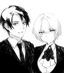  1boy 1girl angela_(project_moon) ascot closed_mouth collared_shirt commentary_request dhlrhkrwnals expressionless formal_clothes greyscale highres korean_commentary library_of_ruina looking_at_viewer monochrome necktie parted_lips project_moon roland_(project_moon) shirt short_hair smile suit vest 
