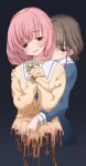  2girls asai_sayori blue_dress blush brown_hair cardigan closed_mouth clover clover_(flower) commentary_request cropped_torso dress flower gradient_background grey_background haikei_arishi_hi_ni_saku_hanatachi_e hand_on_another's_shoulder hidarikata highres holding holding_flower jitome long_sleeves looking_at_viewer medium_hair melting multiple_girls ono_mizuki open_mouth pink_hair red_eyes sailor_collar sailor_dress school_uniform sleeves_past_wrists smile white_flower white_sailor_collar withered yandere yellow_cardigan yuri 