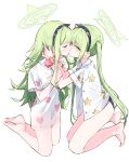  2girls absurdres animal_ear_hairband animal_ears bare_legs barefoot blue_archive blush cat_ear_hairband cat_ears closed_eyes collared_shirt fake_animal_ears from_side full_body green_hair green_halo hairband halo heart heart_print highres hikari_(blue_archive) incest kiss kissing_with_eyes_open kneeling long_hair missing_tail multiple_girls nozomi_(blue_archive) open_clothes open_shirt pajamas pink_scrunchie print_shirt scrunchie see-through_clothes see-through_shirt shirt siblings simple_background sisters star_(symbol) star_print twincest twins twintails weeyi white_background yuri 