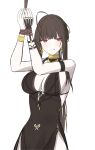  1girl absurdres black_dress bound bound_wrists breasts brown_hair commentary cowboy_shot dress dsr-50_(girls'_frontline) girls'_frontline girls'_frontline_2:_exilium grey_background halter_dress halterneck highres licking_lips long_hair looking_at_viewer loreley_(girls'_frontline_2) medium_breasts pelvic_curtain red_eyes restrained rope sidelocks simple_background sleeveless sleeveless_dress solo tongue tongue_out woon 