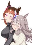  00017s 2girls absurdres animal_ears black_sweater breasts brown_hair closed_eyes commentary crossed_bangs ear_covers english_commentary food food_in_mouth from_side grey_hair hair_between_eyes head_on_another's_shoulder highres horse_ears horse_girl hug hug_from_behind large_breasts long_hair multicolored_hair multiple_girls one_eye_closed open_mouth pocky pocky_in_mouth red_eyes ribbed_sweater short_hair simple_background single_ear_cover small_breasts streaked_hair sweater transcend_(umamusume) twitter_username umamusume white_background white_hair white_sweater wonder_acute_(umamusume) 