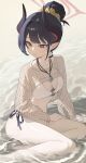  1girl absurdres bikini black_hair black_horns blue_archive breasts brown_shrug chiaki_(blue_archive) chiaki_(swimsuit)_(blue_archive) cleavage commentary demon_horns fishnet_shrug foot_out_of_frame hair_bun halo highres horns jewelry long_hair looking_down looking_to_the_side medium_breasts multicolored_horns necklace o-ring o-ring_bikini o-ring_top official_alternate_costume official_alternate_hairstyle on_water outdoors partially_submerged pointy_ears qwwe1224 red_eyes red_halo red_horns scrunchie shrug_(clothing) side-tie_bikini_bottom sitting solo swimsuit two-tone_horns water white_bikini yellow_scrunchie yokozuwari 