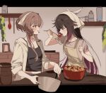  2girls absurdres alternate_costume anger_vein apron black_hair black_shirt blue_eyes blush brown_apron brown_hair brown_headscarf brown_shirt collarbone colored_inner_hair columbina_(genshin_impact) contemporary cooking cooking_pot crop_top genshin_impact hair_bun hair_flaps hair_ornament headscarf highres holding holding_ladle hood hood_down hooded_jacket indoors jacket ladle long_hair long_sidelocks looking_at_another midriff mixing_bowl multicolored_hair multiple_girls multiple_wings navel open_clothes open_jacket open_mouth parted_lips purple_eyes purple_hair purple_streaks sandrone_(genshin_impact) shirt short_hair_with_long_locks sidelocks single_hair_bun sketch_background sleeves_rolled_up stove streaked_hair t-shirt tasting two-tone_hair unusually_open_eyes upper_body very_long_hair white_wings wing_hair_ornament wings xu_(anniechika) 