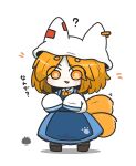  1girl ? animal_ears animal_hat blue_dress bow chibi commentary_request dress eyes_visible_through_hair fake_animal_ears fox_tail full_body hat highres long_sleeves notice_lines orange_bow orange_eyes orange_hair sea_urchin shadow shirt short_eyebrows simple_background sleeves_past_fingers sleeves_past_wrists solo standing tail thick_eyebrows touhou translation_request uni_souchou white_background white_hat white_shirt yakumo_ran 