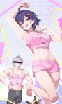  1boy 1girl absurdres ahoge angels_of_delusion_kfc_bag aria_(human)_(zenless_zone_zero) aria_(zenless_zone_zero) arm_up armpits bangboo_(zenless_zone_zero) belle_(zenless_zone_zero) brother_and_sister camisole censored censored_identity character_print chinese_commentary commentary_request crop_top dolphin_shorts earrings eous_(zenless_zone_zero) green_eyes grey_hair hair_ornament hairclip hands_on_own_hips highres jewelry midriff muscular muscular_male nail_polish nangong_yu navel one_eye_closed pink_camisole pink_nails pink_shorts purple_hair revision shali short_hair shorts siblings signature sunna_(zenless_zone_zero) toenail_polish toenails v wise_(zenless_zone_zero) zenless_zone_zero 