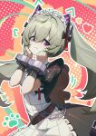  1girl absurdres animal_bag bear_bag black_dress chinese_commentary commentary_request corin_wickes dress gan_mei_yan_jin green_hair hair_between_eyes hairband highres long_hair looking_at_viewer maid maid_headdress making-of_available metal_hairband mihoyo puffy_sleeves purple_eyes screw_hair_ornament short_sleeves solo spiked_headband twintails zenless_zone_zero 