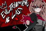  1girl alternate_costume ascot black_jacket black_mask bow bowtie breasts broken_heart broken_heart_hair_ornament brown_hair commentary demon_tail english_commentary english_text evil_neuro-sama gloves grey_shirt grey_vest grin hair_ornament heart heart_hair_ornament highres horns jacket long_hair mask open_clothes open_jacket persona persona_5 raily_x red_ascot red_bow red_bowtie red_gloves red_horns red_tail shirt shirt_tucked_in small_breasts smile solo tail upper_body vedal_ai vest virtual_youtuber 