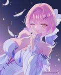  1girl ;) bare_shoulders breasts cleavage commentary_request detached_sleeves dress falling_feathers feathers finger_to_mouth highres hose_beniko large_breasts looking_at_viewer medium_hair multicolored_eyes night one_eye_closed pink_hair remielle_dan shushing smile solo twitter_username two-tone_eyes white_dress white_feathers zenless_zone_zero 