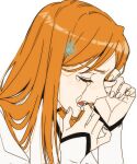  1girl bleach closed_eyes commentary_request crying dress from_side hair_ornament highres inoue_orihime korean_commentary long_hair long_sleeves n_(nauki_11) open_mouth orange_hair profile snowflake_hair_ornament solo tears upper_body white_background white_dress 