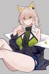  1girl animal_ears arknights bare_shoulders black_jacket breasts cat_ears cat_girl closed_mouth commentary green_eyes green_shirt grey_background grey_hair hair_between_eyes hand_in_own_hair hand_up jacket kal'tsit_(arknights) kal'tsit_(remnant)_(arknights) long_sleeves looking_at_viewer medium_breasts nuggetkouhai off_shoulder official_alternate_costume shirt short_hair simple_background sitting solo sweat 