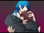  2boys black_jacket blue_hair brown_eyes brown_hair closed_mouth commentary_request dramatical_murder earrings facial_tattoo from_side hand_on_another's_head hood hood_down hooded_jacket hug jacket jacket_partially_removed jewelry kuwa_ayase looking_at_viewer male_focus medium_hair mizuki_(dramatical_murder) multiple_boys parted_lips seragaki_aoba sideways_glance tattoo teardrop_tattoo teeth upper_body yaoi 