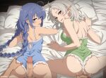 1boy 2girls ahoge artist_name babydoll bare_arms bare_shoulders bed_sheet blue_bow blue_eyes blue_hair blush bow braid breasts censored clothing_aside commentary elf eufoniuz fanbox_username ffm_threesome fingering fingering_from_behind fingernails frills from_behind grabbing_another's_ass green_bow groping group_sex hetero highres indoors long_hair long_pointy_ears looking_at_viewer looking_back lying mosaic_censoring multiple_girls mushoku_tensei on_stomach parted_lips penis penis_on_ass pillow pointy_ears red_eyes roxy_migurdia small_breasts spaghetti_strap sweatdrop sylphiette_(mushoku_tensei) threesome twin_braids white_hair 