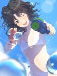 1girl :d ;d amagami aroza_(xxpp3743) bare_shoulders bikini black_hair blue_sky blurry blush breasts cloud collarbone commentary_request day depth_of_field dual_wielding dutch_angle groin highres holding looking_at_viewer messy_hair navel one_eye_closed open_mouth outdoors short_hair side-tie_bikini_bottom sky small_breasts smile solo swimsuit tanamachi_kaoru water water_gun white_bikini 