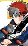  1boy blue_cape blue_eyes cape eliwood_(fire_emblem) english_commentary fire_emblem fire_emblem:_the_blazing_blade highres holding holding_sword holding_weapon looking_at_viewer male_focus mimummom partially_colored red_hair short_hair solo sword upper_body weapon 